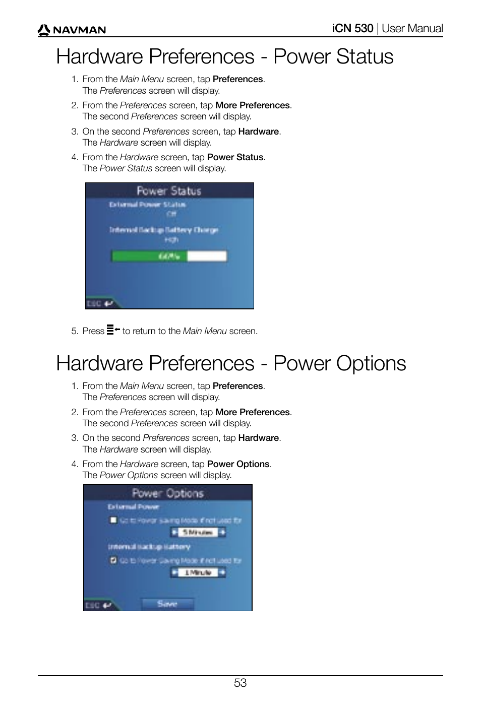 Hardware preferences - power status, Hardware preferences - power options | Navman SmartS iCN530 User Manual | Page 53 / 72