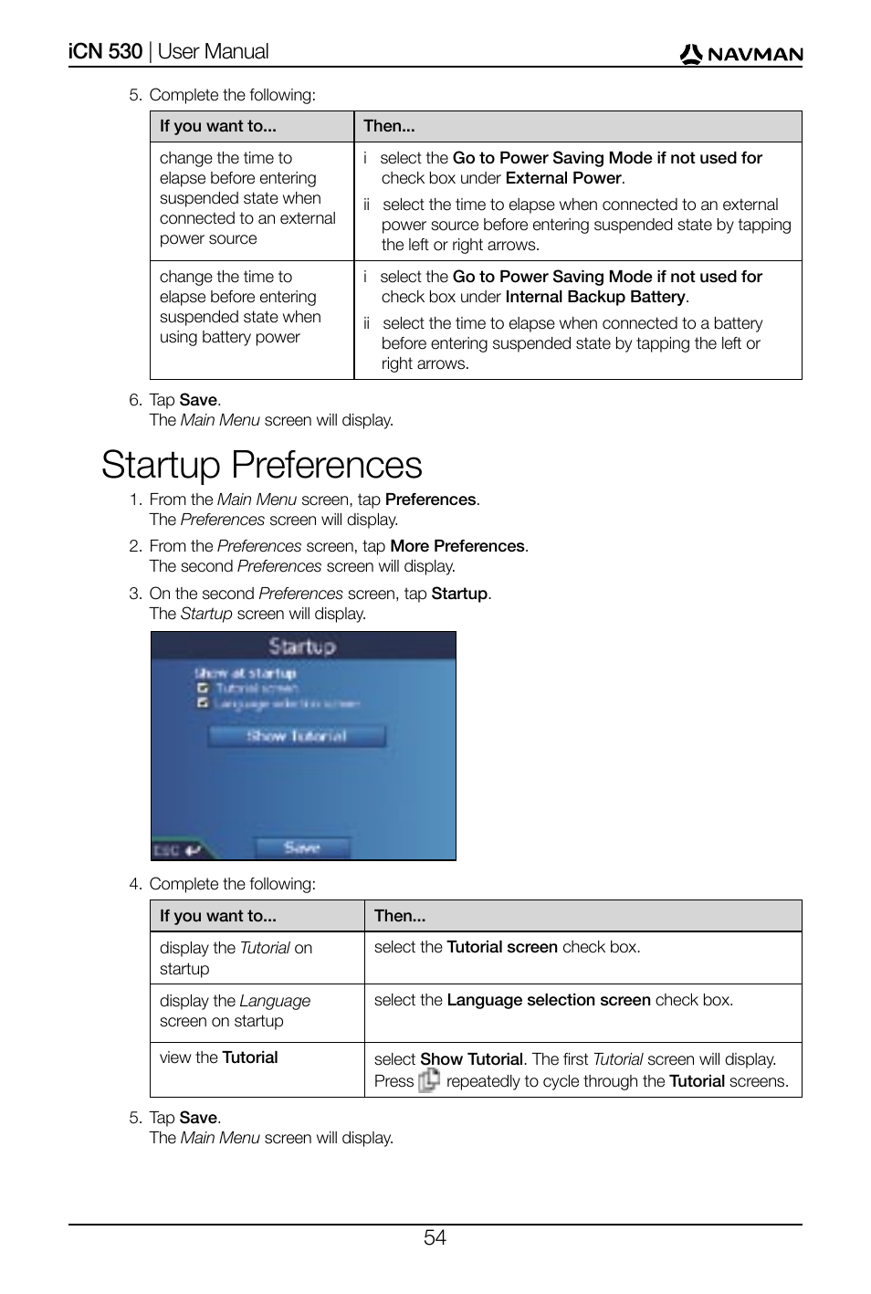 Startup preferences | Navman SmartS iCN530 User Manual | Page 54 / 72