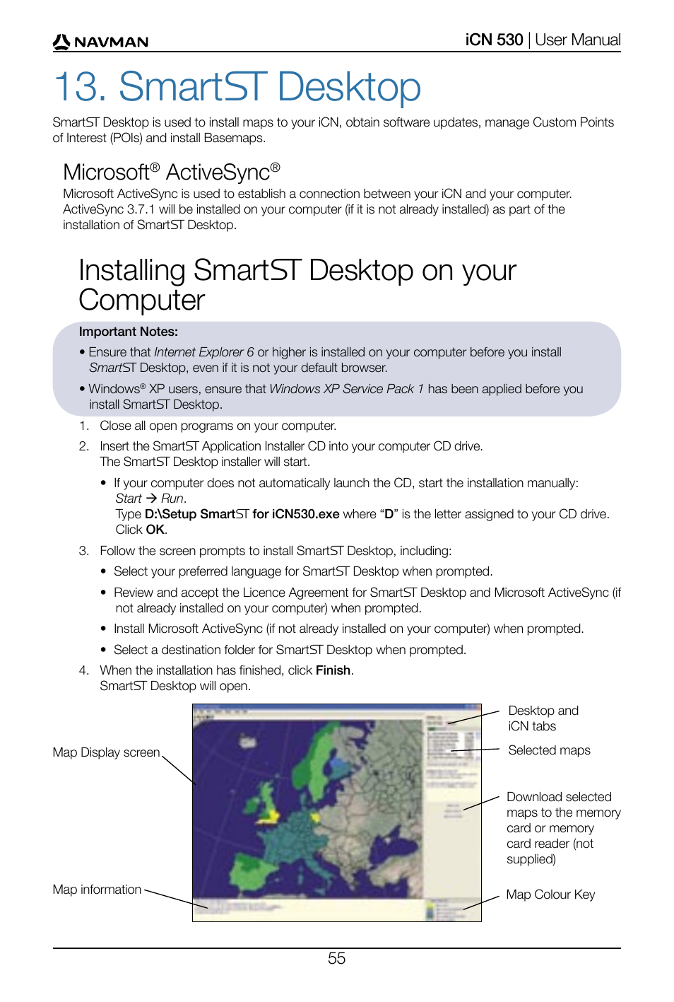 Smart desktop, Installing smart desktop on your computer, Microsoft | Activesync | Navman SmartS iCN530 User Manual | Page 55 / 72