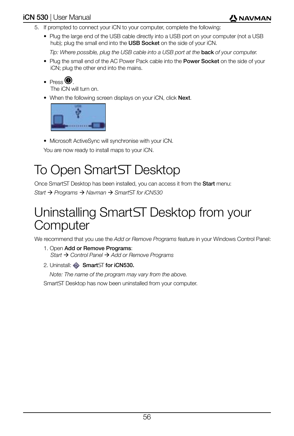 Uninstalling smart desktop from your computer | Navman SmartS iCN530 User Manual | Page 56 / 72