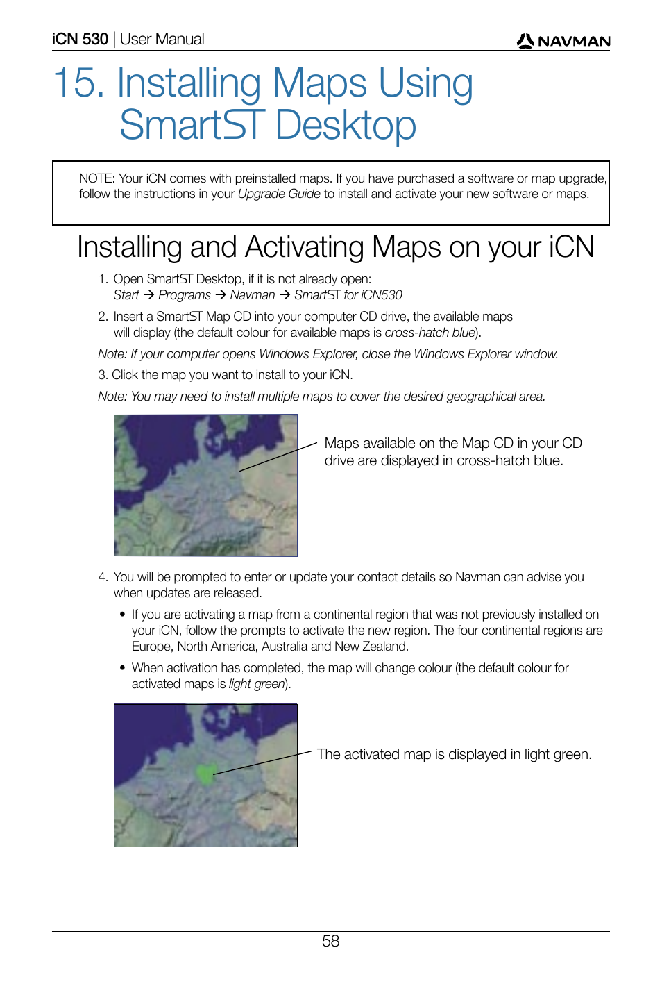 Installing maps using smart desktop, Installing and activating maps on your icn | Navman SmartS iCN530 User Manual | Page 58 / 72