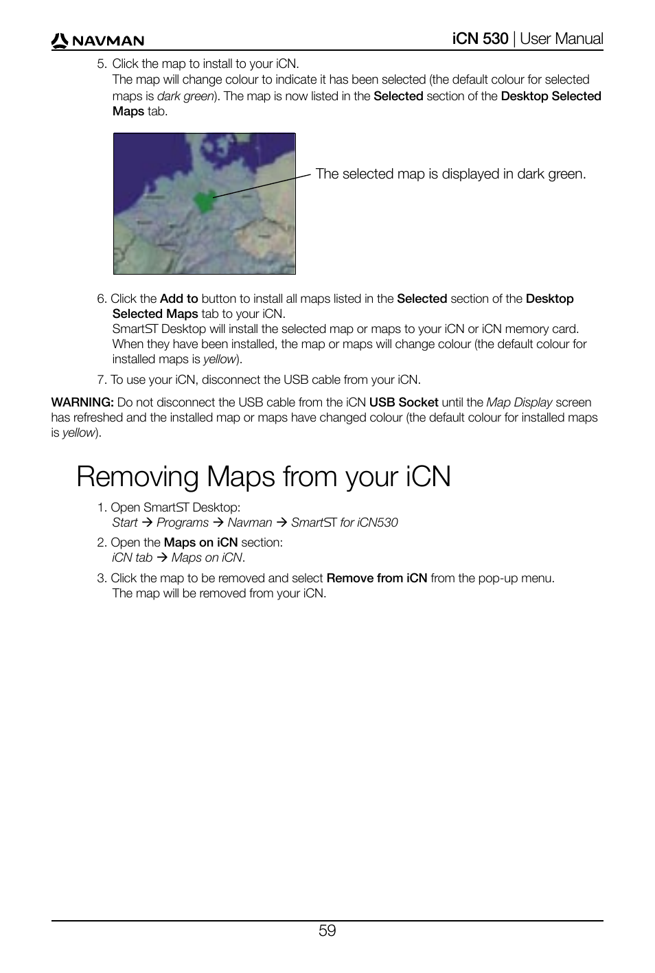 Removing maps from your icn | Navman SmartS iCN530 User Manual | Page 59 / 72