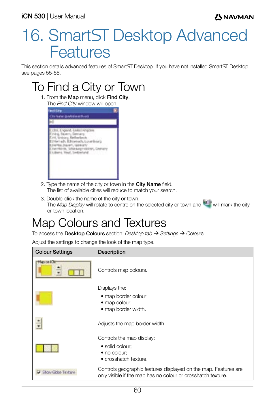 Smart desktop advanced features, Map colours and textures | Navman SmartS iCN530 User Manual | Page 60 / 72