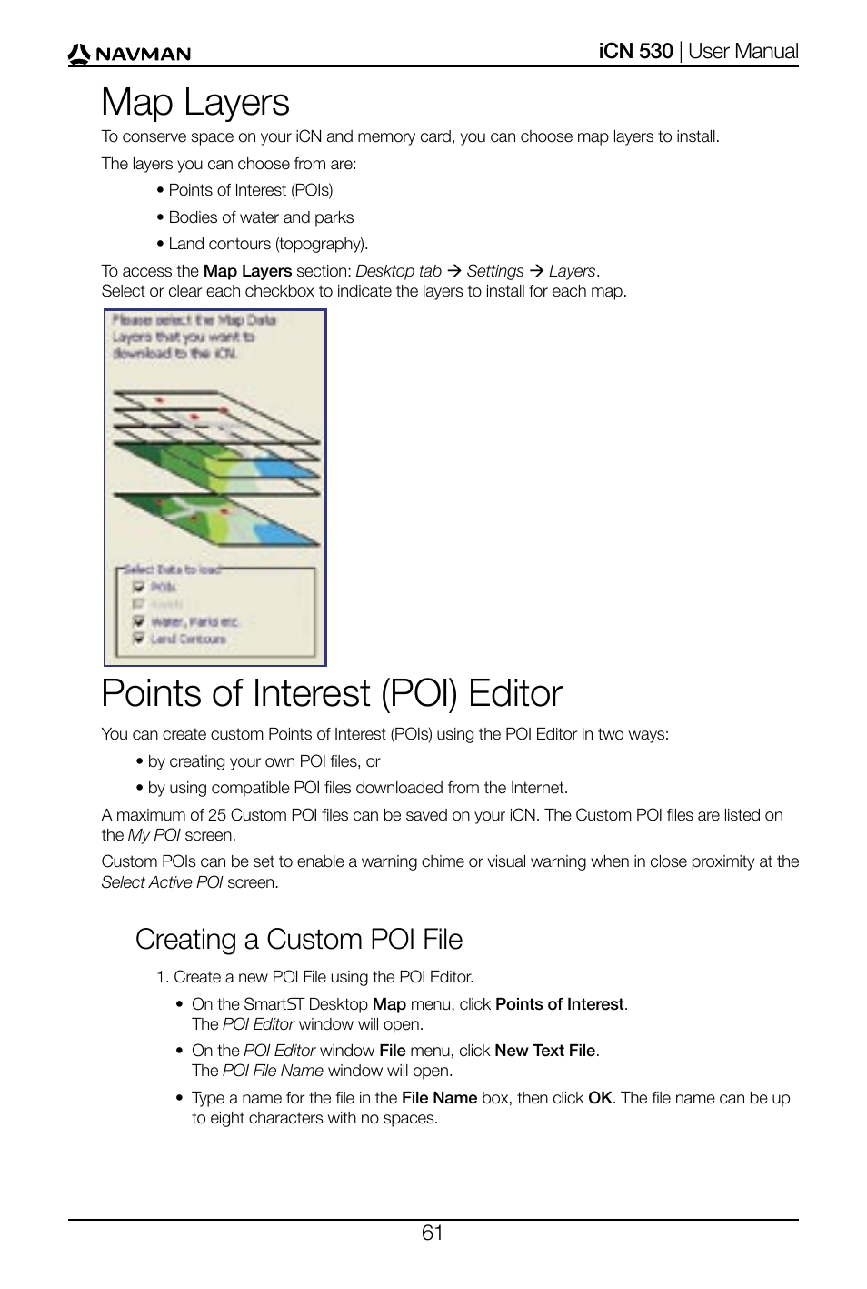 Map layers, Points of interest (poi) editor, Creating a custom poi file | Navman SmartS iCN530 User Manual | Page 61 / 72