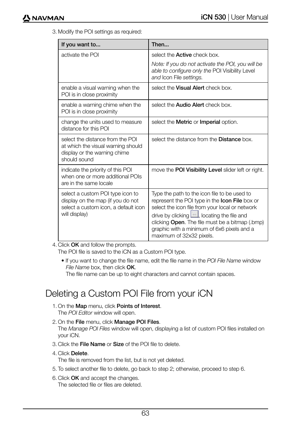 Deleting a custom poi file from your icn | Navman SmartS iCN530 User Manual | Page 63 / 72
