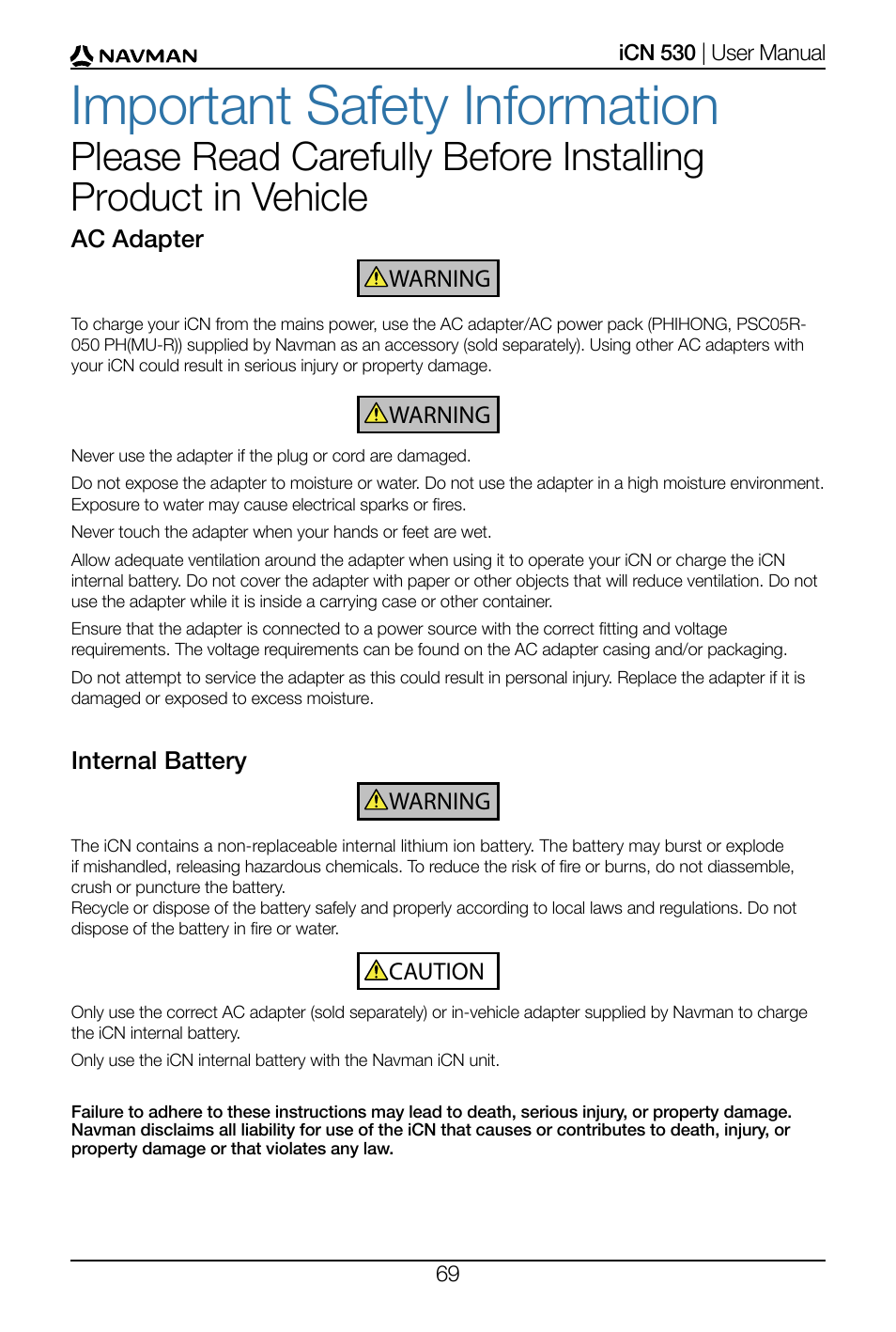 Important safety information | Navman SmartS iCN530 User Manual | Page 69 / 72