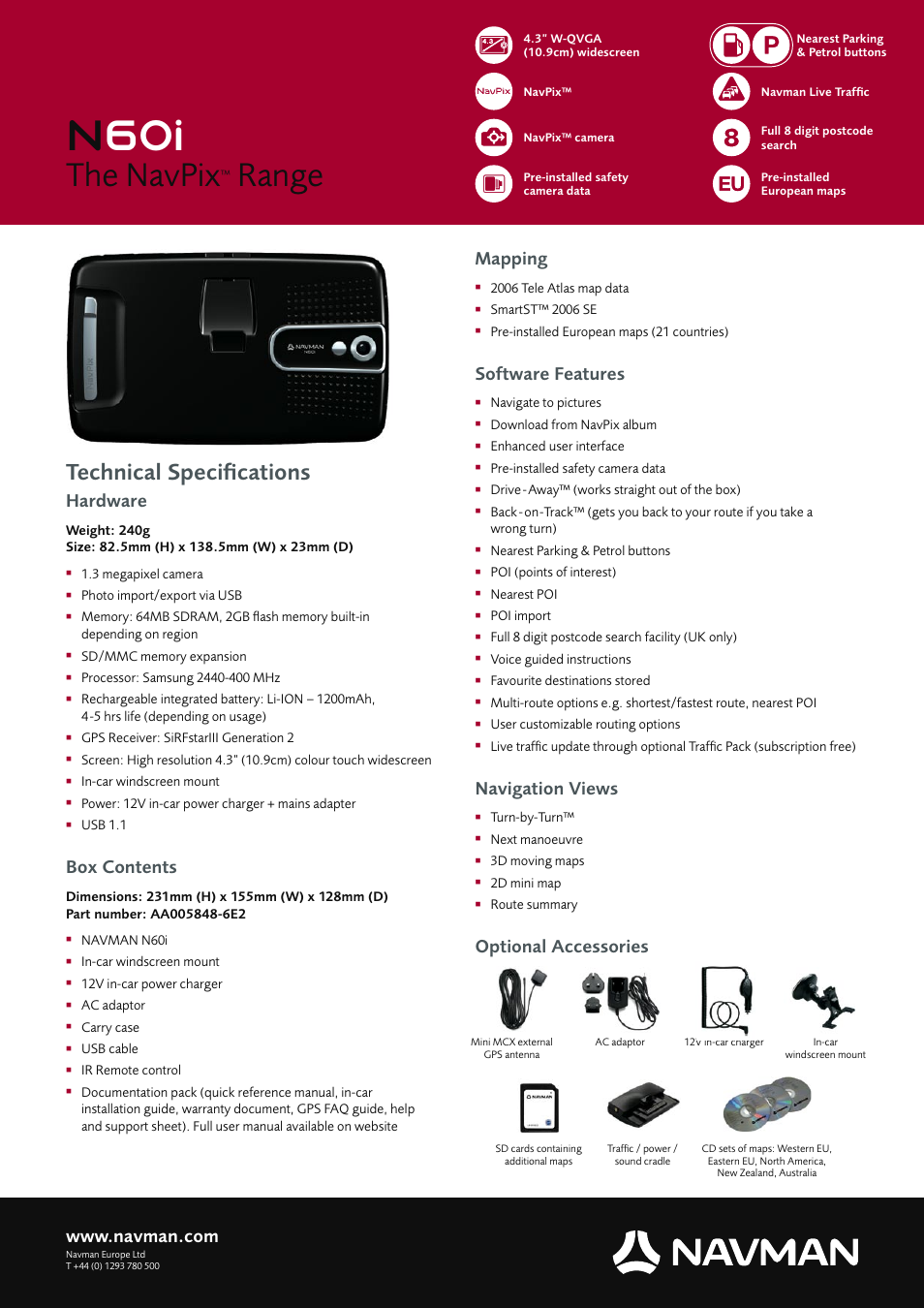 N60i, The navpix, Range | Technical speciﬁcations, Hardware, Box contents, Mapping, Software features, Navigation views, Optional accessories | Navman N60i User Manual | Page 2 / 2