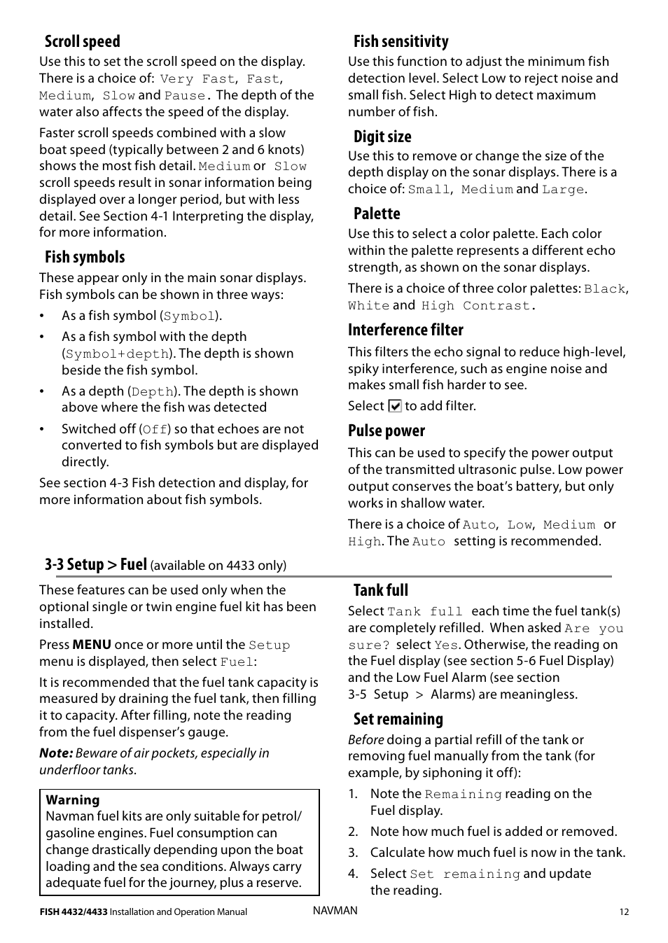 Scroll speed, Fish symbols, Fish sensitivity | Digit size, Palette, Interference filter, Pulse power, 3 setup > fuel, Tank full, Set remaining | Navman 4433 User Manual | Page 10 / 37