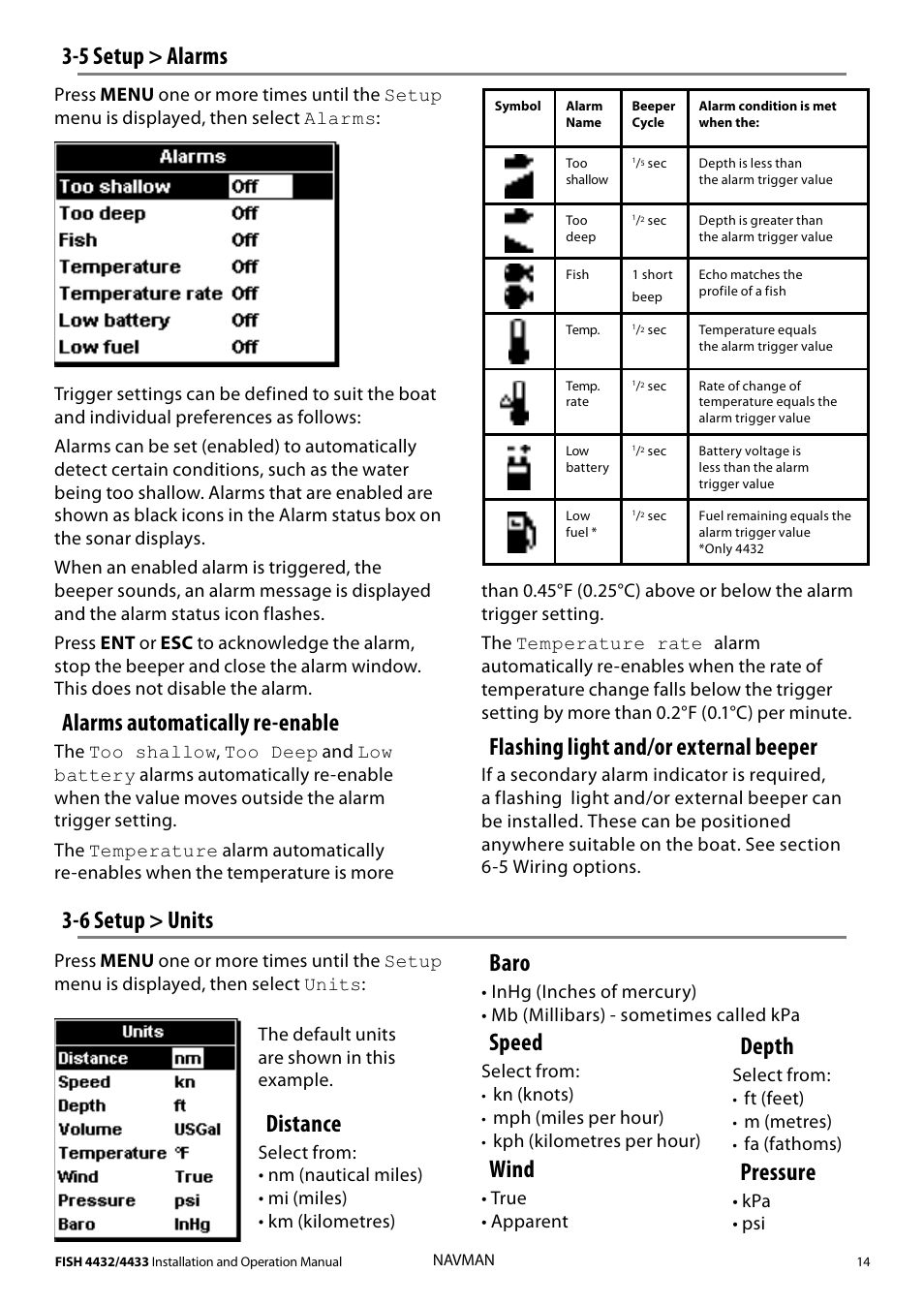 Alarms automatically re-enable, 6 setup > units 3-5 setup > alarms, Baro | Speed, Wind, Depth, Pressure, Flashing light and/or external beeper, Distance | Navman 4433 User Manual | Page 12 / 37