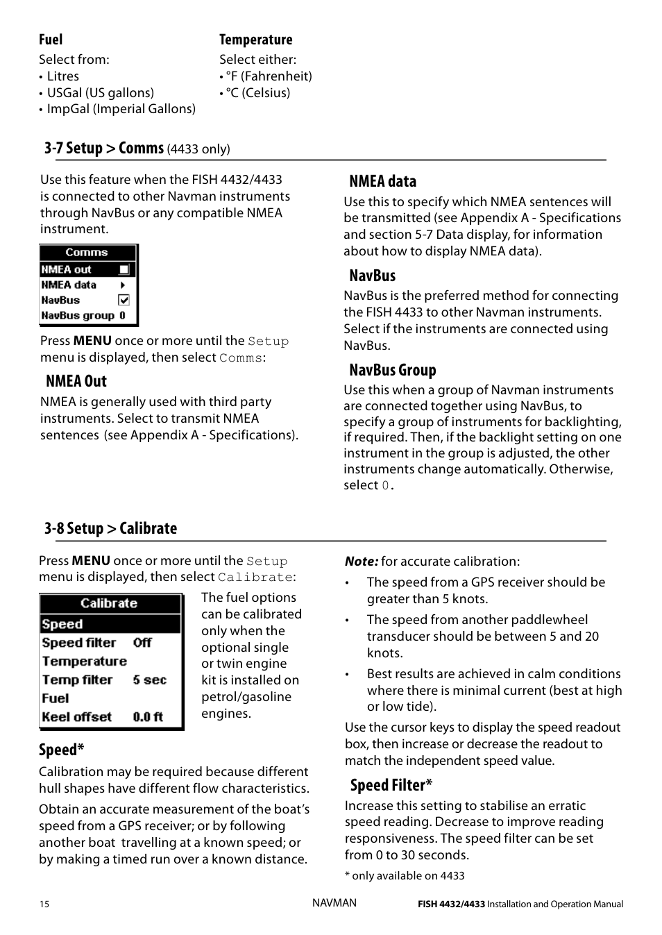 Speed, Nmea out, Speed filter | 7 setup > comms, Nmea data, Navbus, Navbus group, 8 setup > calibrate | Navman 4433 User Manual | Page 13 / 37