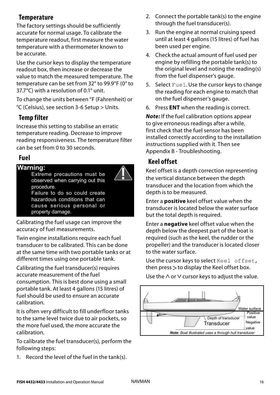 Temperature, Temp filter, Fuel | Keel offset, Warning | Navman 4433 User Manual | Page 14 / 37