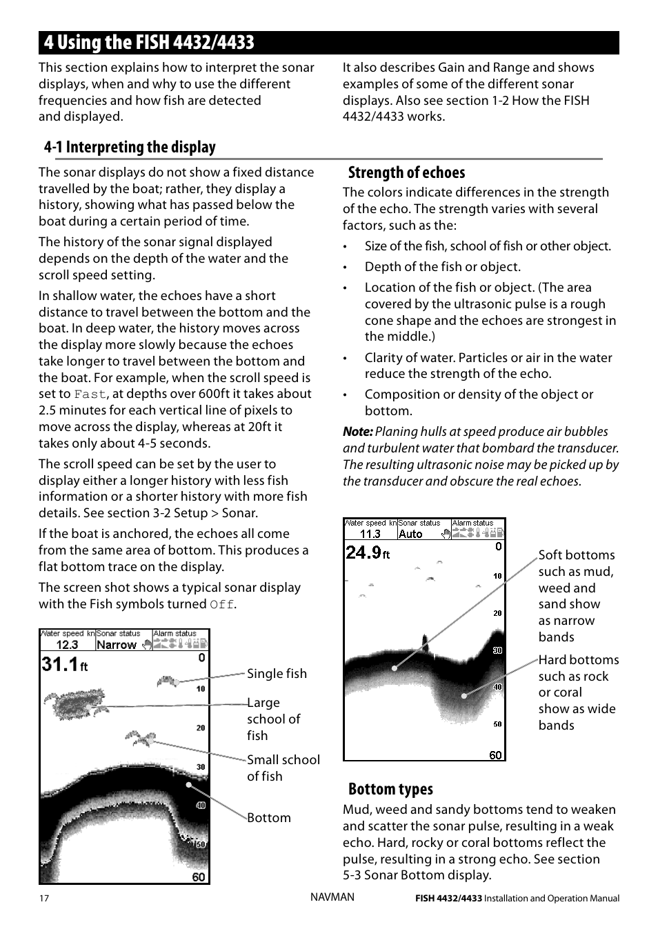 1 interpreting the display, Strength of echoes, Bottom types | Navman 4433 User Manual | Page 15 / 37