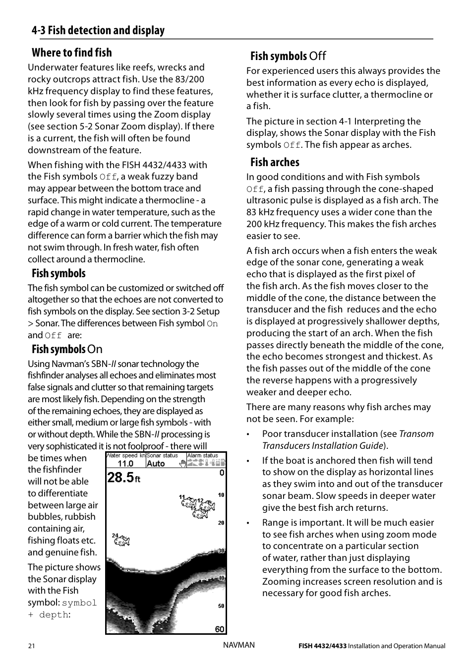 3 fish detection and display where to find fish, Fish symbols, Fish symbols on | Fish symbols off, Fish arches | Navman 4433 User Manual | Page 19 / 37