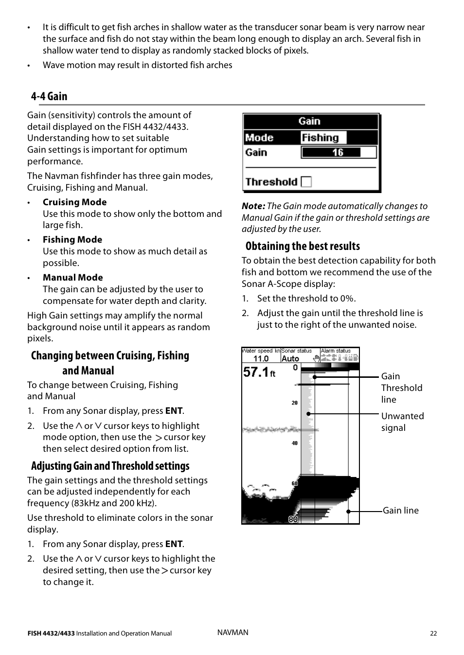 4 gain, Changing between cruising, fishing and manual, Adjusting gain and threshold settings | Obtaining the best results | Navman 4433 User Manual | Page 20 / 37