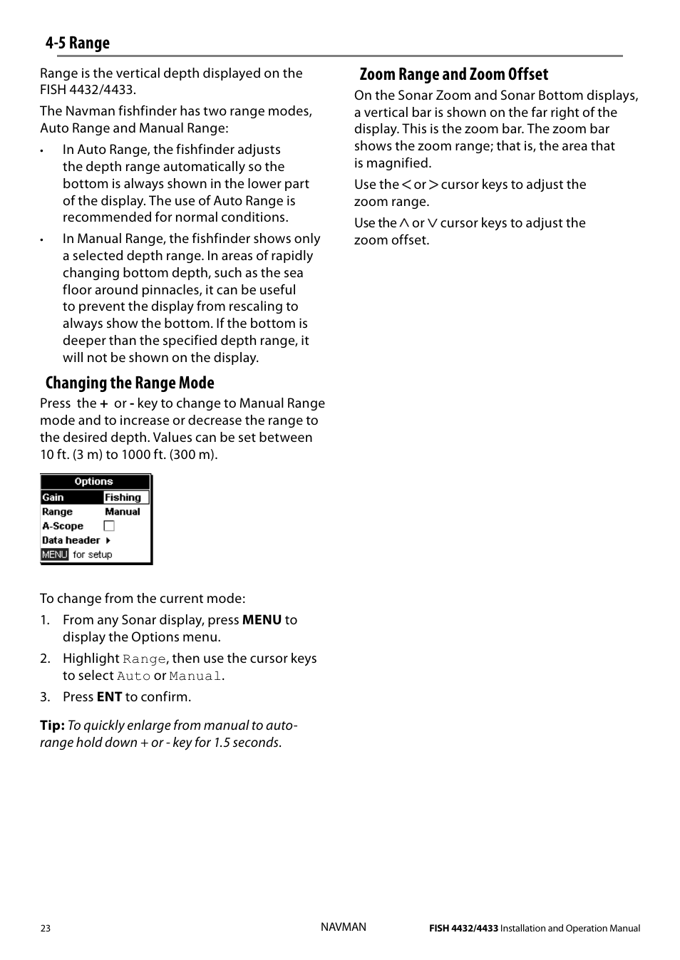 5 range, Changing the range mode, Zoom range and zoom offset | Navman 4433 User Manual | Page 21 / 37