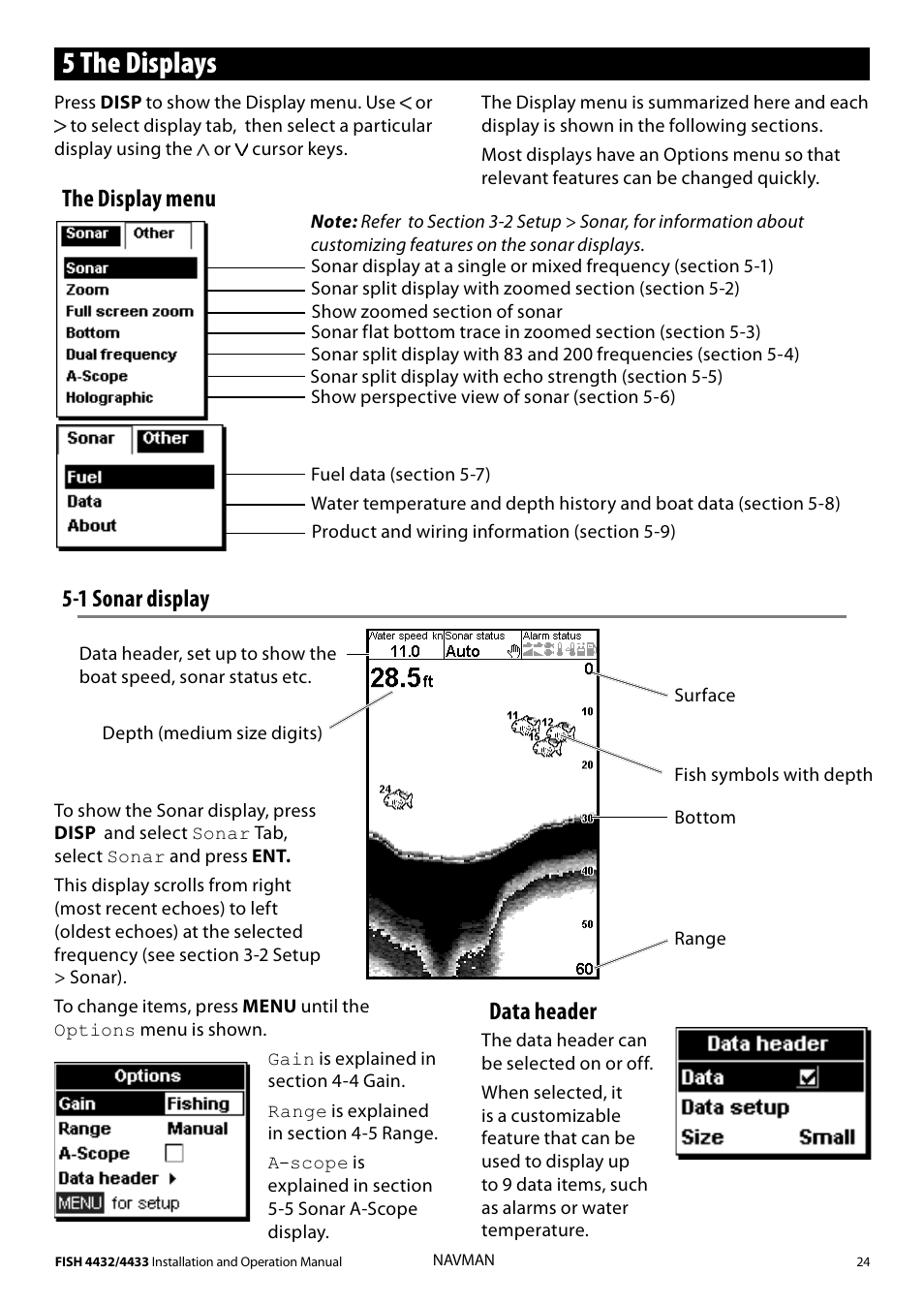 5 the displays, 1 sonar display, Data header | The display menu | Navman 4433 User Manual | Page 22 / 37