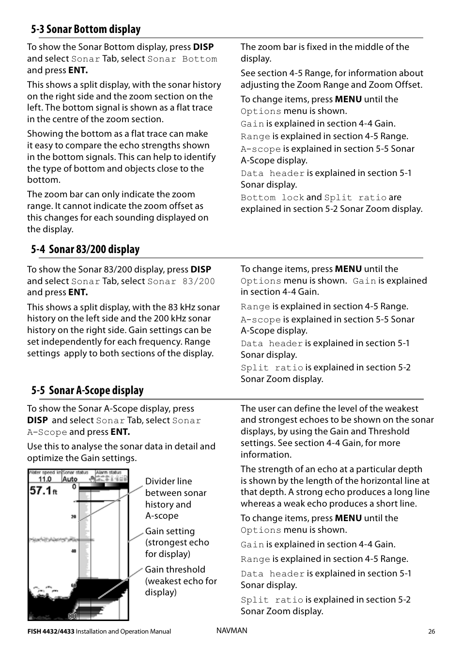 3 sonar bottom display, 5 sonar a-scope display | Navman 4433 User Manual | Page 24 / 37