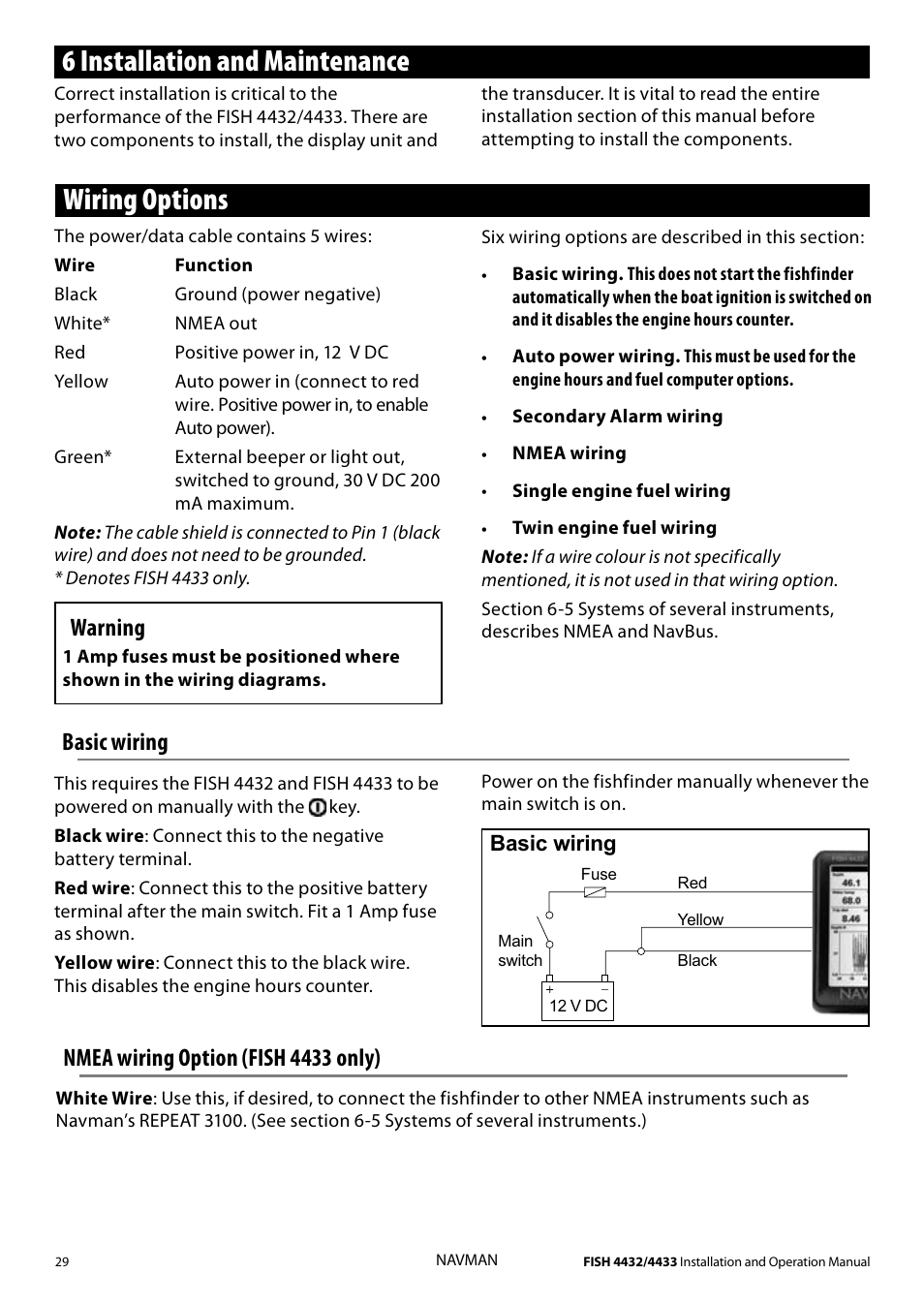 6 installation and maintenance, Wiring options, Warning | Basic wiring, Nmea wiring option (fish 4433 only) | Navman 4433 User Manual | Page 27 / 37