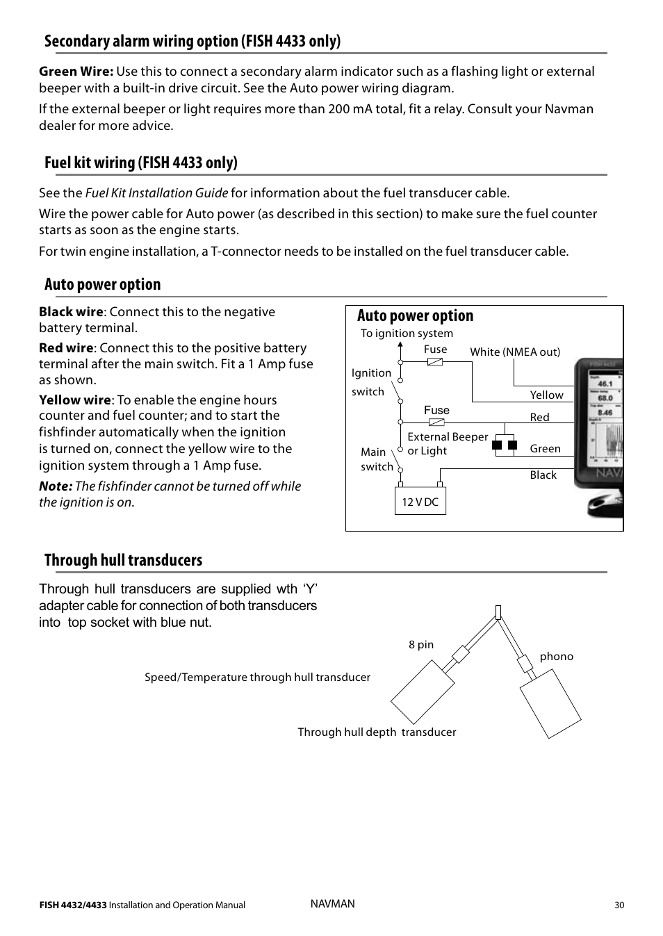 Secondary alarm wiring option (fish 4433 only), Auto power option through hull transducers, Fuel kit wiring (fish 4433 only) | Auto power option | Navman 4433 User Manual | Page 28 / 37