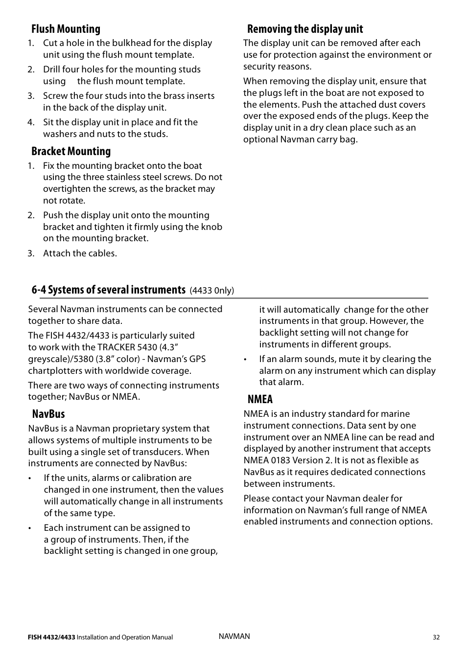 Removing the display unit, Flush mounting, Bracket mounting | 4 systems of several instruments, Navbus, Nmea | Navman 4433 User Manual | Page 30 / 37