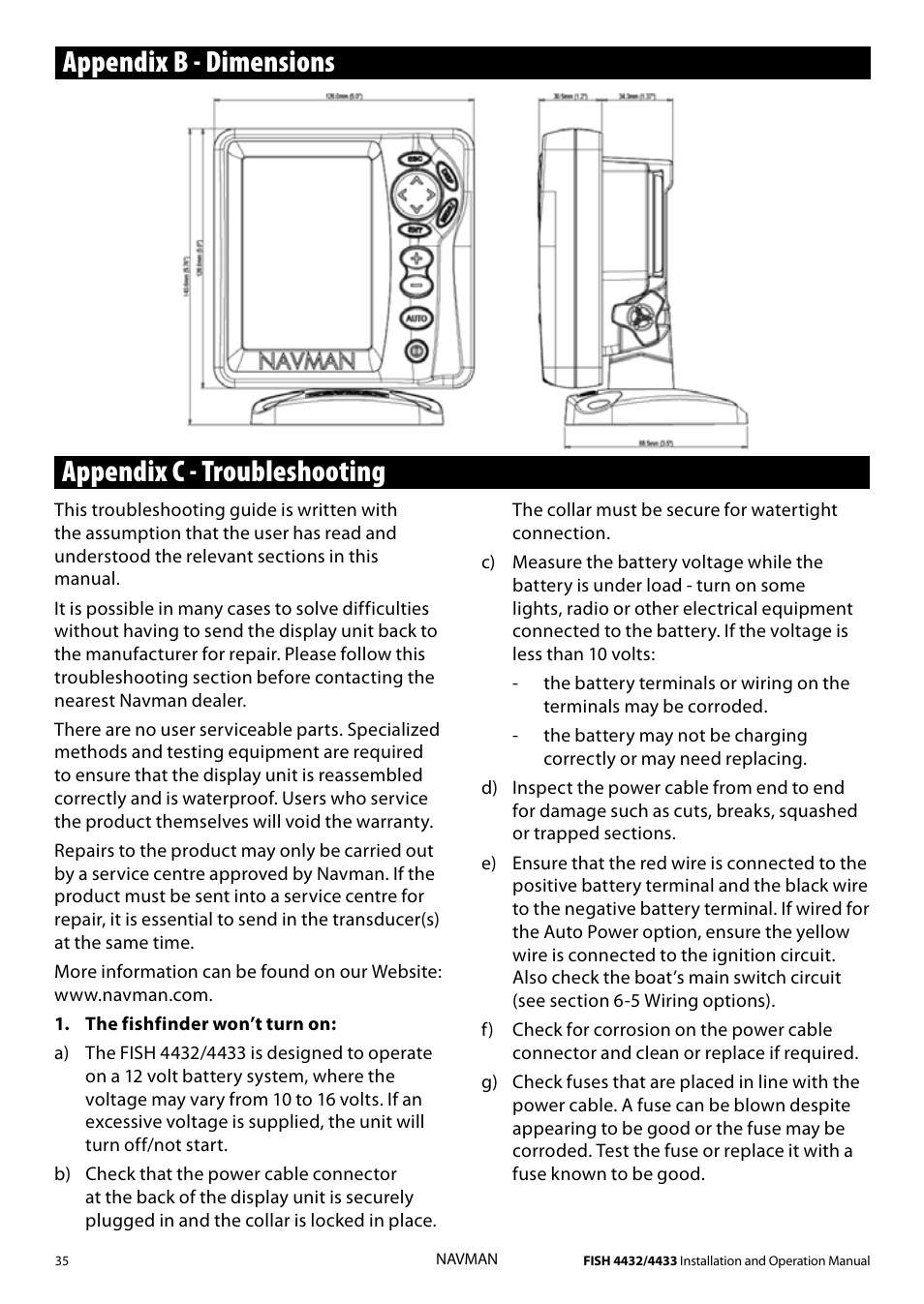 Appendix c - troubleshooting, Appendix b - dimensions | Navman 4433 User Manual | Page 33 / 37