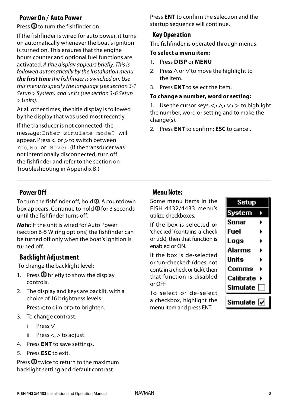 Power on / auto power, Key operation, Power off | Backlight adjustment | Navman 4433 User Manual | Page 6 / 37