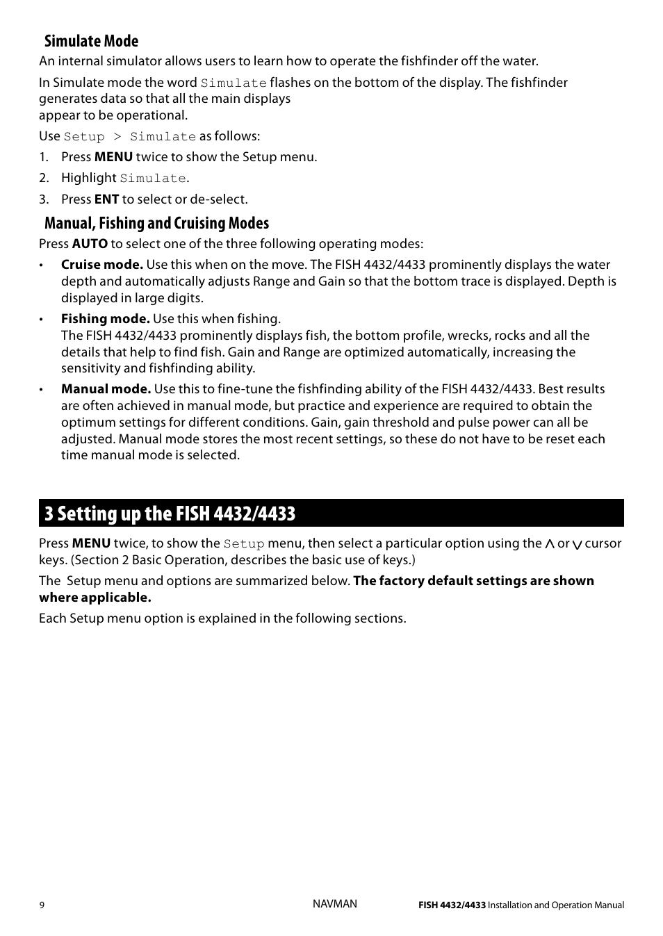 Simulate mode, Manual, fishing and cruising modes | Navman 4433 User Manual | Page 7 / 37