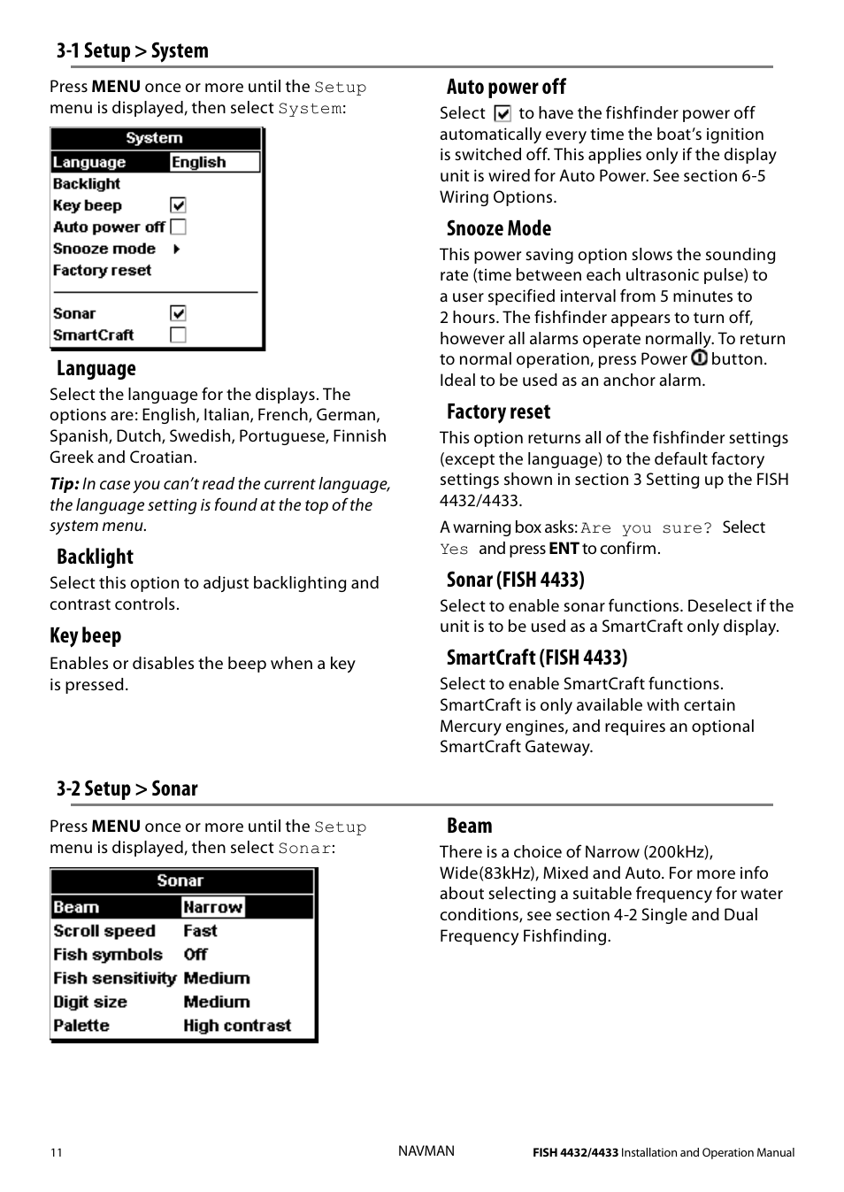 Language, Backlight, Key beep | 1 setup > system 3-2 setup > sonar, Auto power off, Snooze mode, Factory reset, Sonar (fish 4433), Smartcraft (fish 4433), Beam | Navman 4433 User Manual | Page 9 / 37