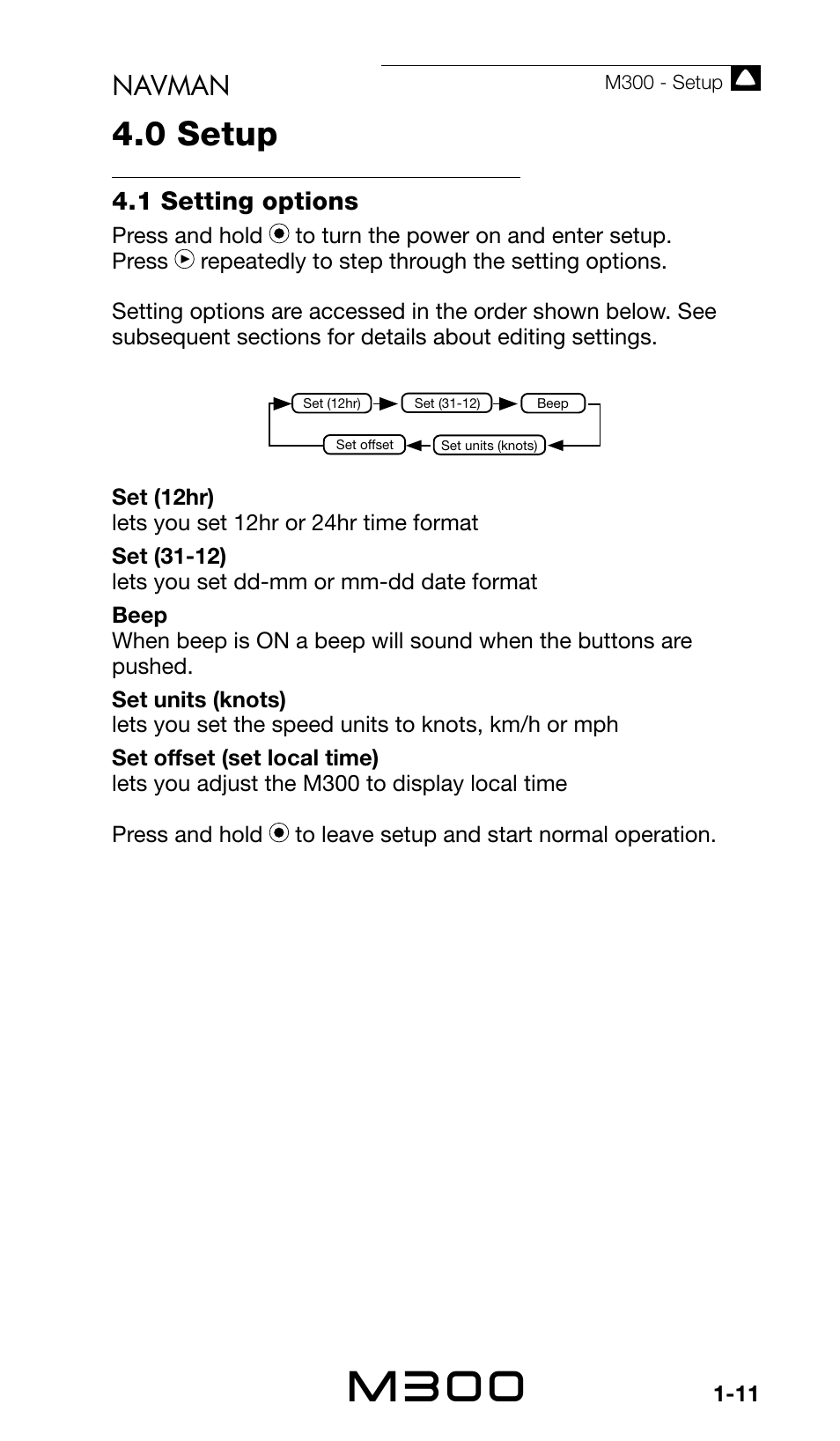 M300, 0 setup, Navman | 1 setting options | Navman Sport Tool M300 User Manual | Page 11 / 26