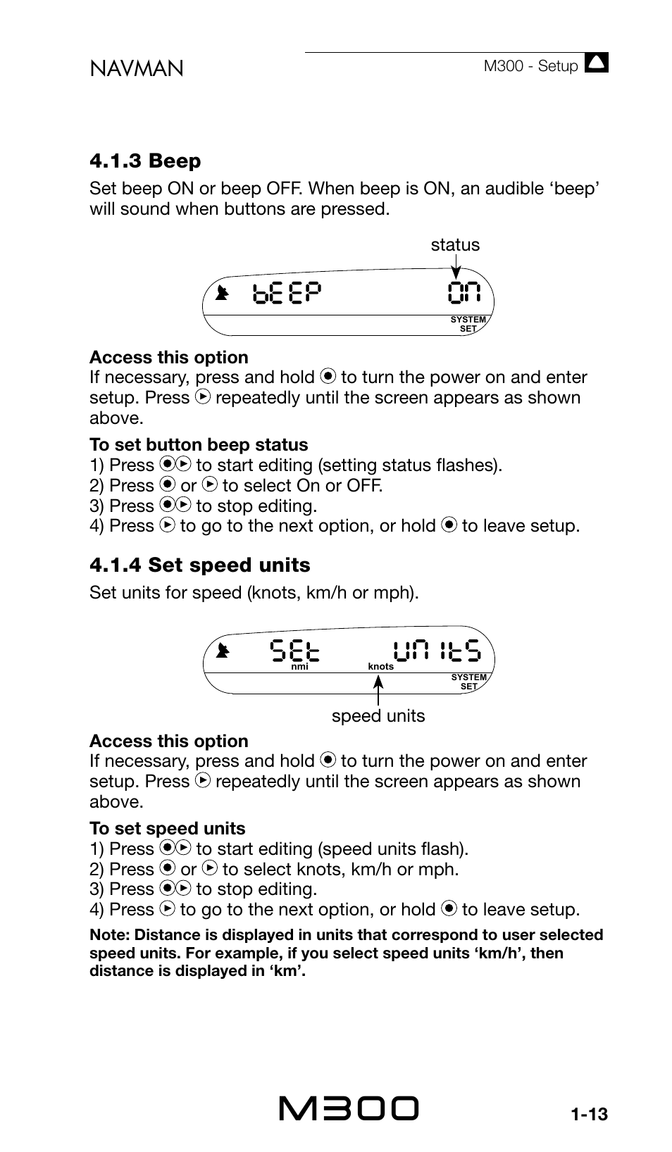 M300, Navman, 3 beep | 4 set speed units | Navman Sport Tool M300 User Manual | Page 13 / 26