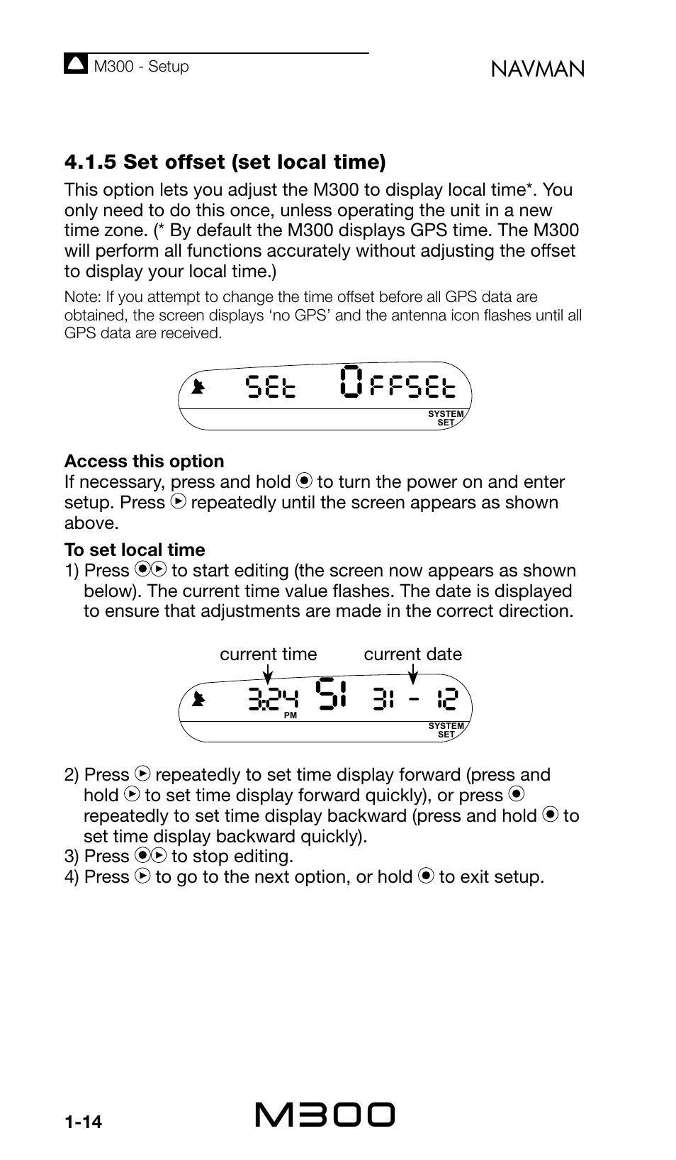 M300, Navman, 5 set offset (set local time) | Navman Sport Tool M300 User Manual | Page 14 / 26