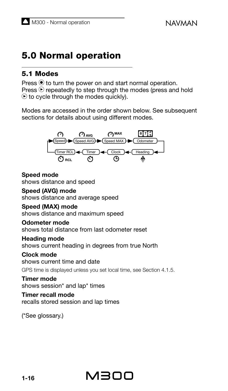 M300, 0 normal operation, Navman | 1 modes, Press | Navman Sport Tool M300 User Manual | Page 16 / 26