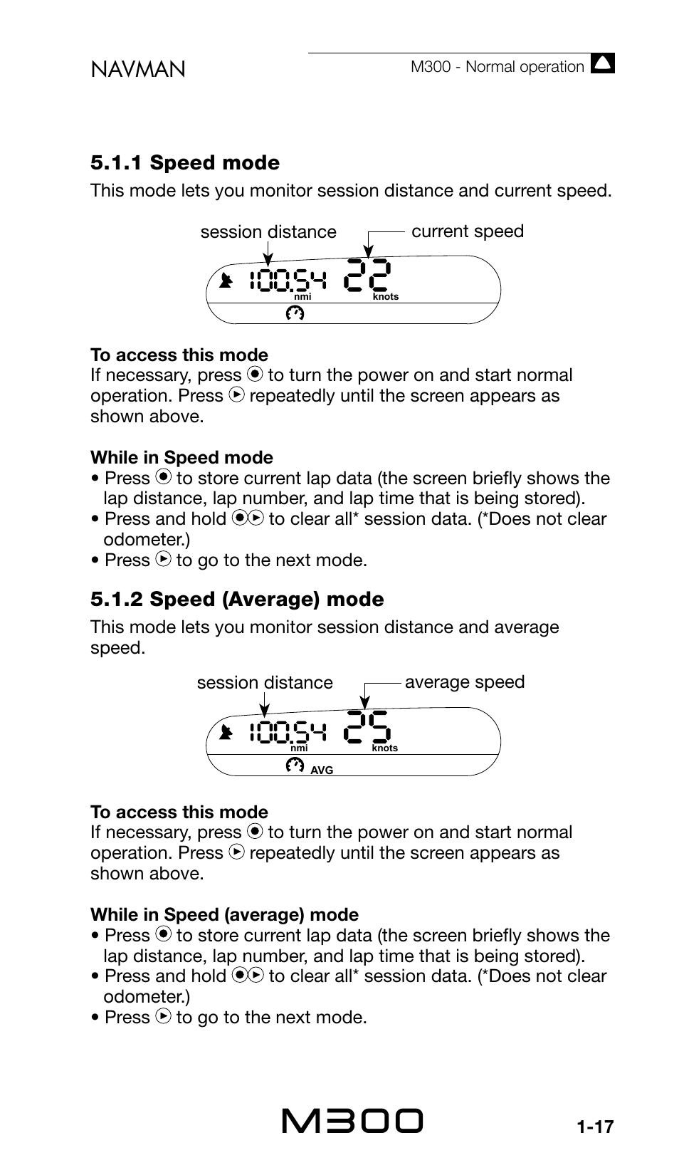 M300, Navman, 1 speed mode | Navman Sport Tool M300 User Manual | Page 17 / 26