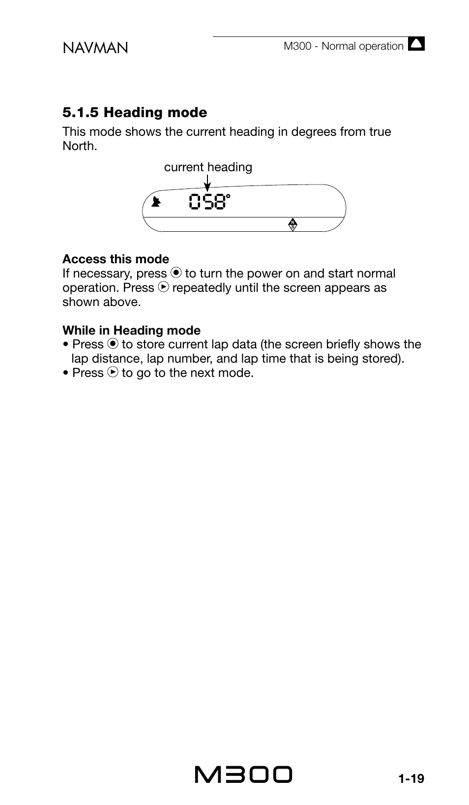 M300, Navman, 5 heading mode | Navman Sport Tool M300 User Manual | Page 19 / 26