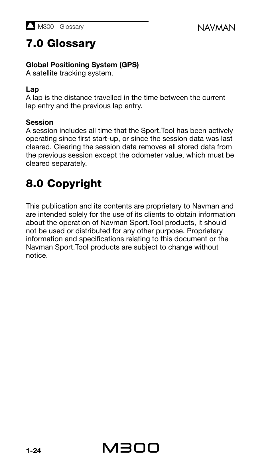 M300, 0 copyright, 0 glossary | Navman | Navman Sport Tool M300 User Manual | Page 24 / 26