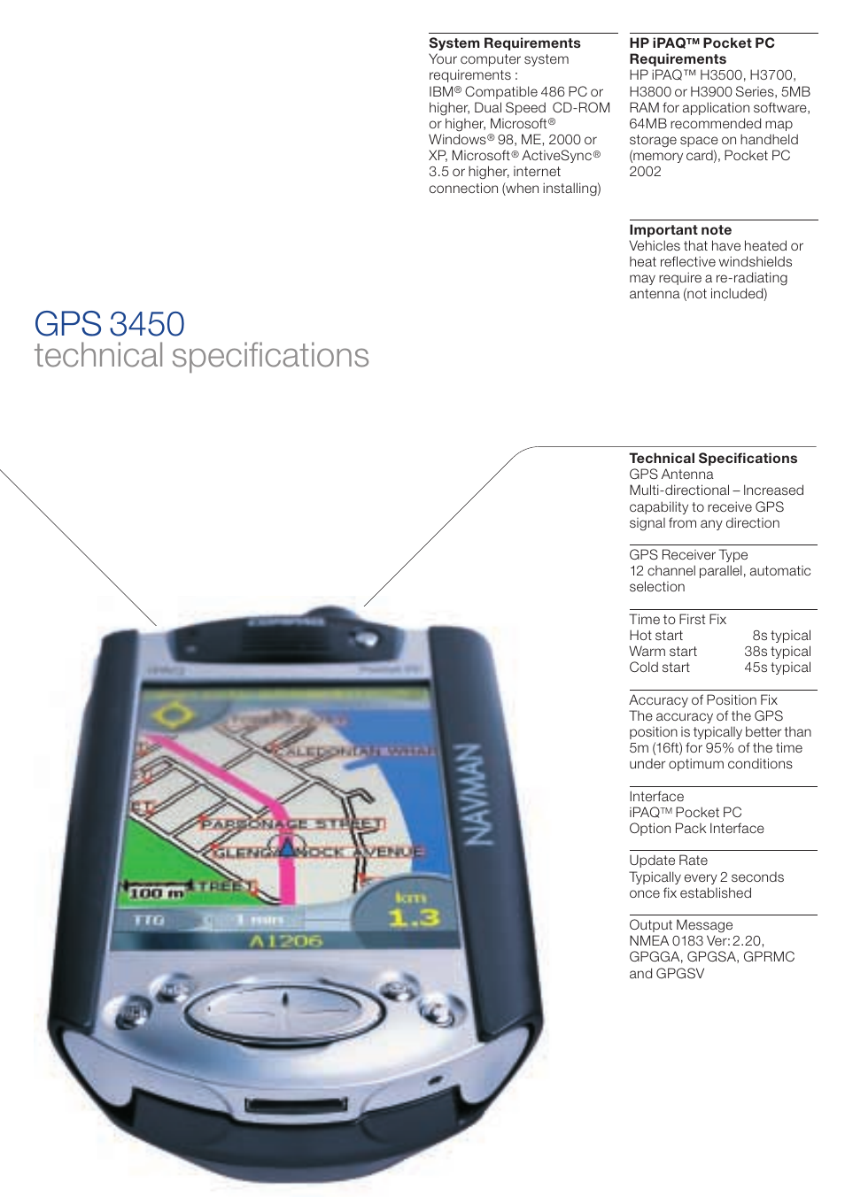 Gps 3450 technical specifications | Navman GPS 3450 User Manual | Page 3 / 8