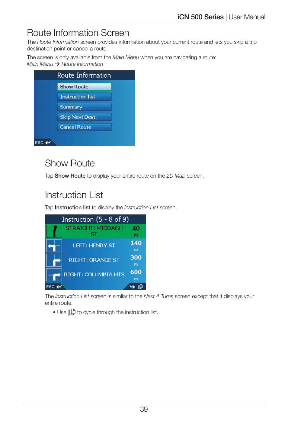 Route information screen, Show route, Instruction list | Navman iCN 520 User Manual | Page 39 / 92