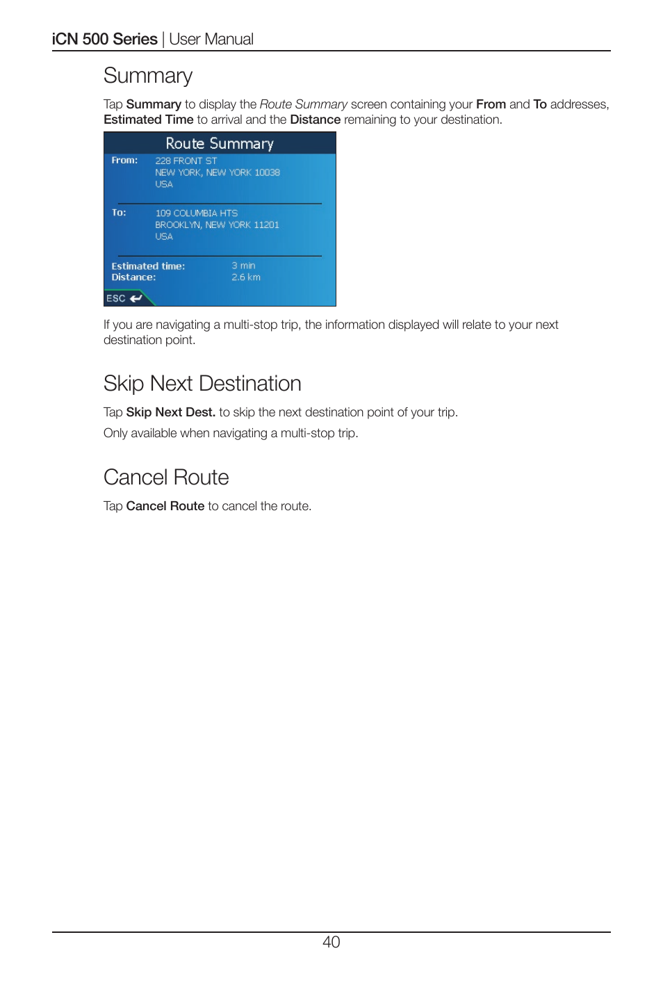 Summary, Skip next destination, Cancel route | Navman iCN 520 User Manual | Page 40 / 92