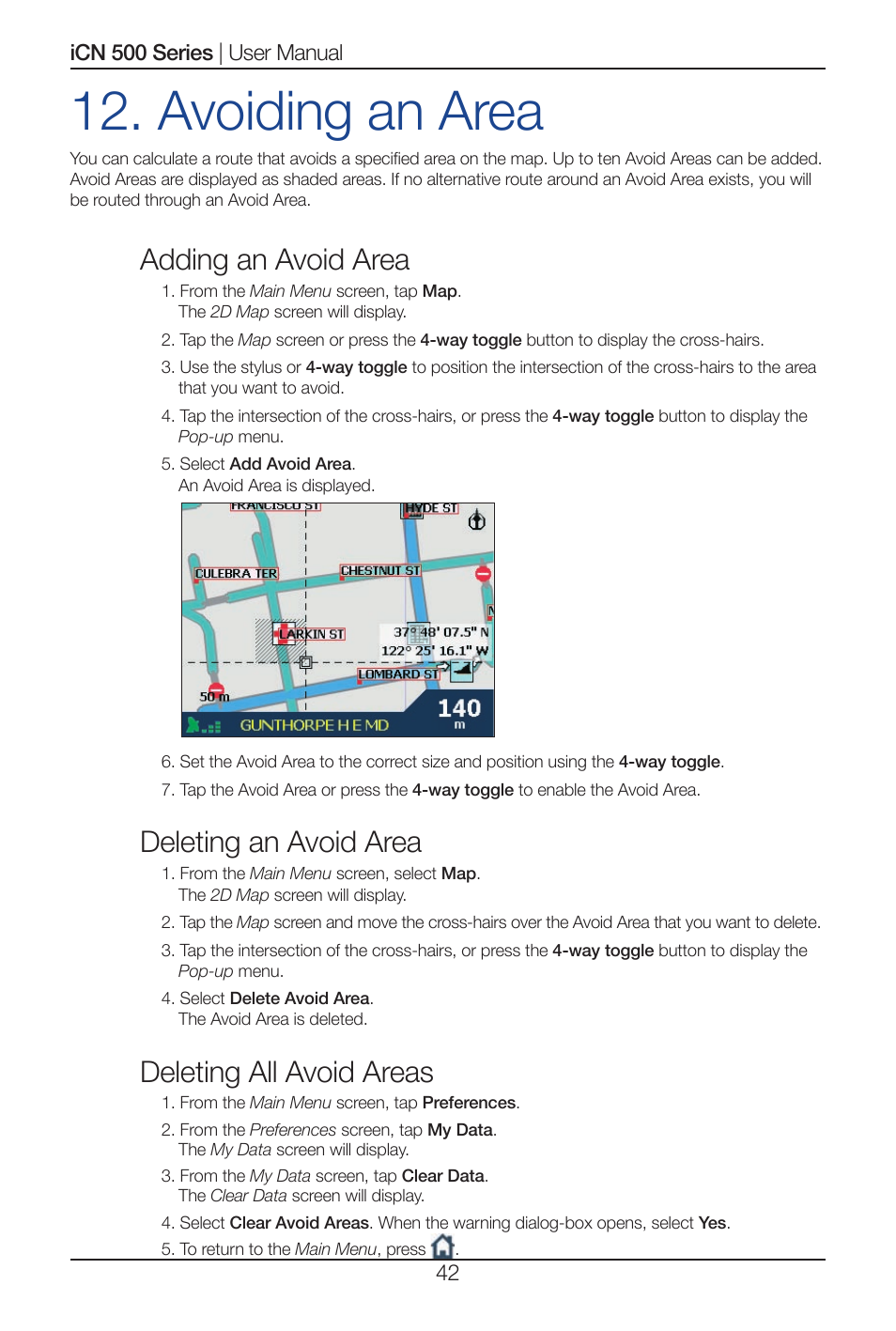 Avoiding an area, Adding an avoid area, Deleting an avoid area | Deleting all avoid areas | Navman iCN 520 User Manual | Page 42 / 92