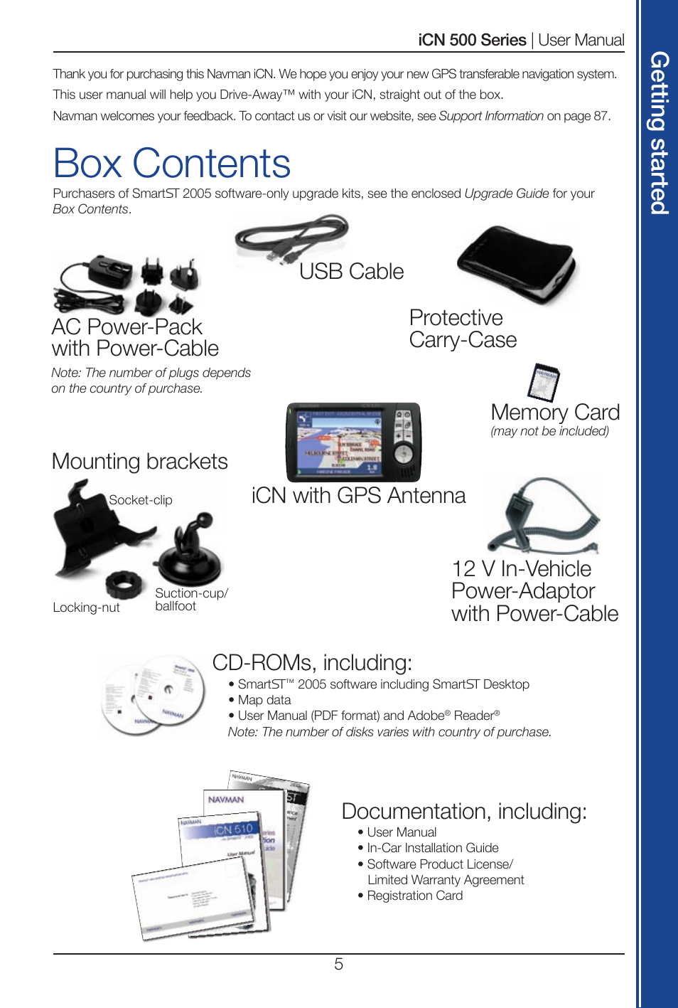 Box contents, Get tin g s ta rte d, Mounting brackets | Ac power-pack with power-cable, Documentation, including, Protective carry-case | Navman iCN 520 User Manual | Page 5 / 92