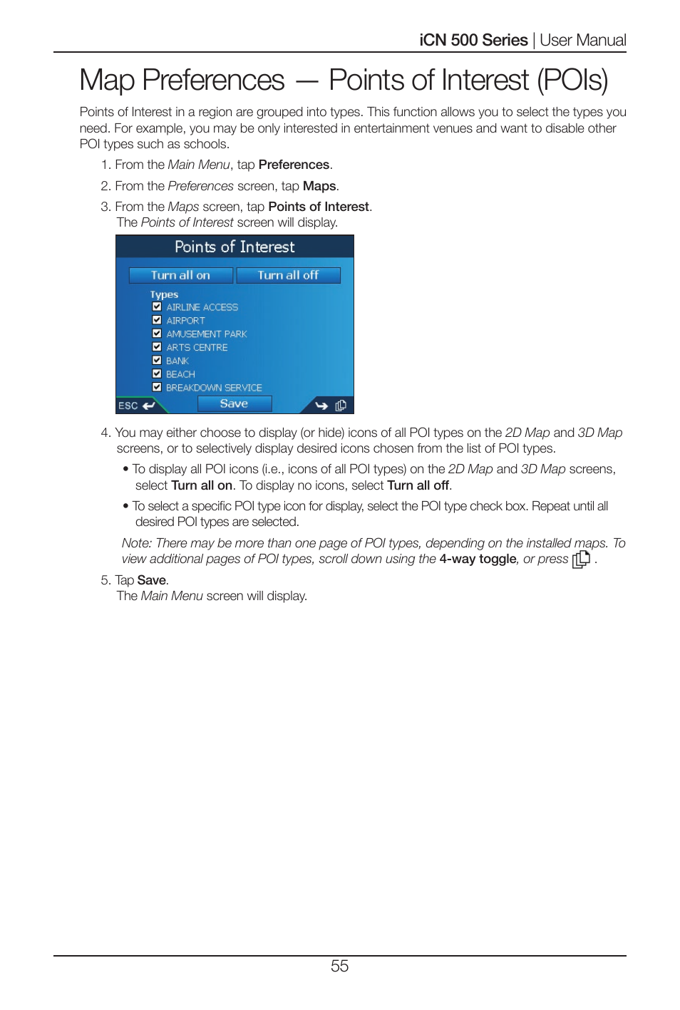 Map preferences — points of interest (pois) | Navman iCN 520 User Manual | Page 55 / 92