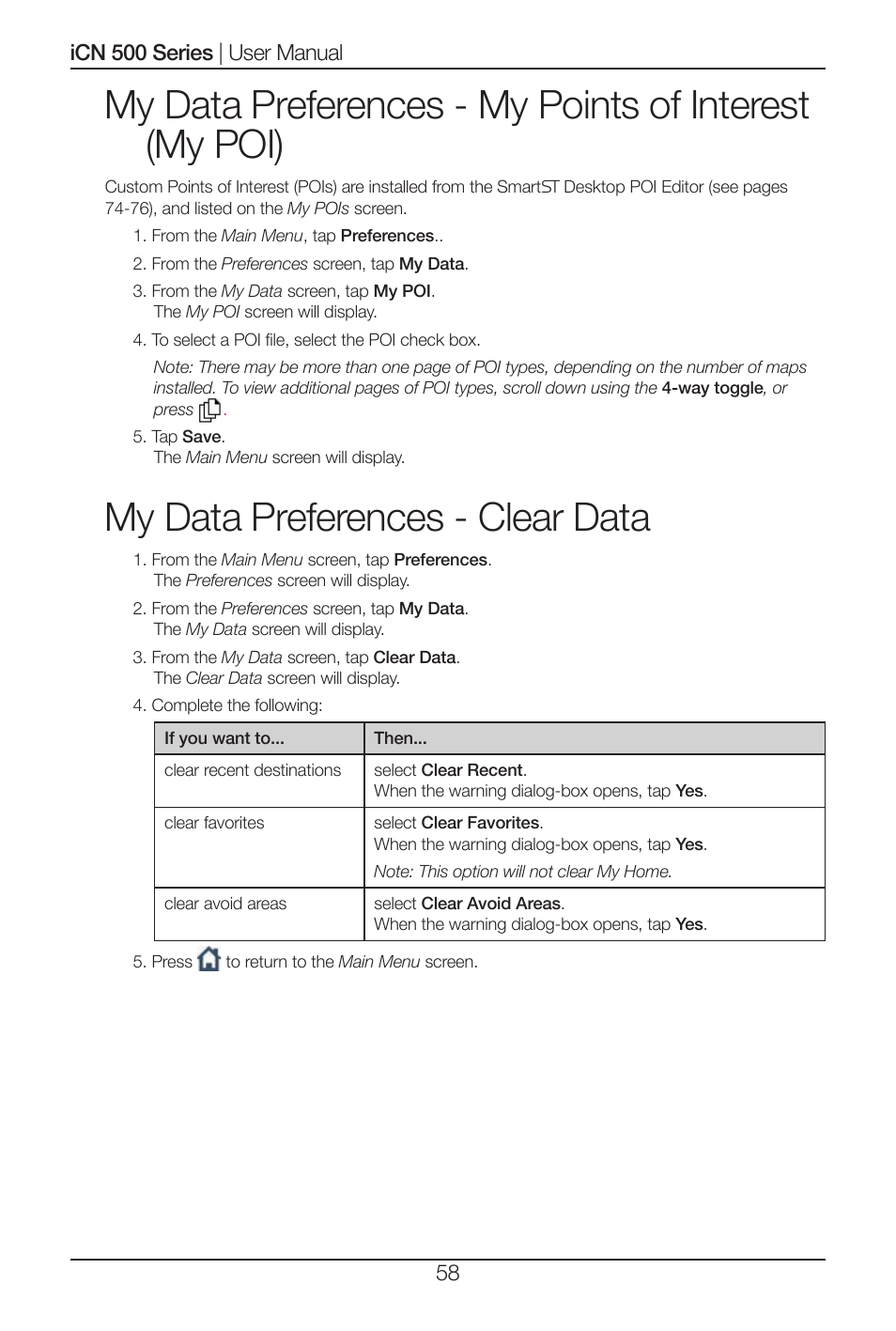 My data preferences - clear data | Navman iCN 520 User Manual | Page 58 / 92