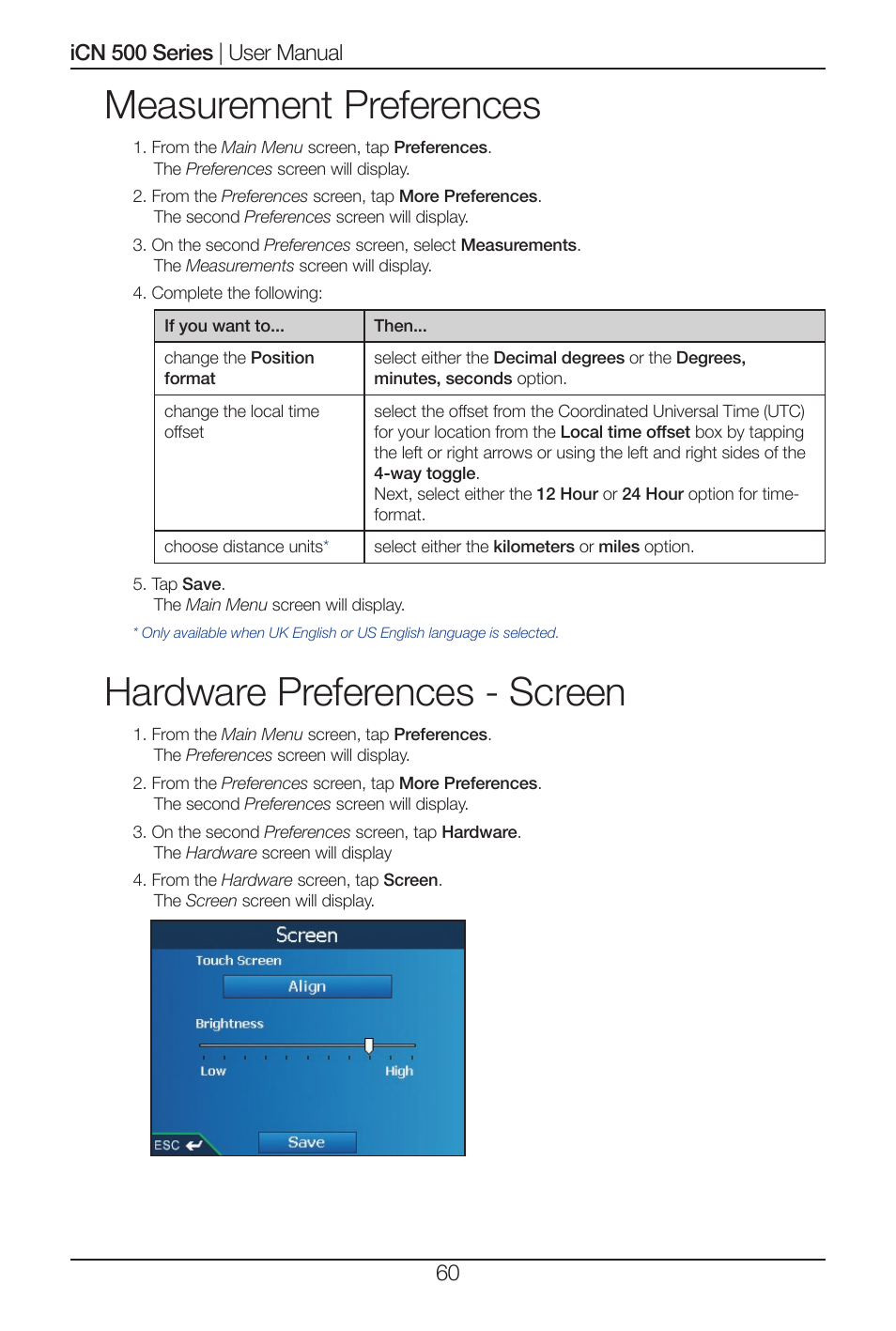 Measurement preferences, Hardware preferences - screen | Navman iCN 520 User Manual | Page 60 / 92
