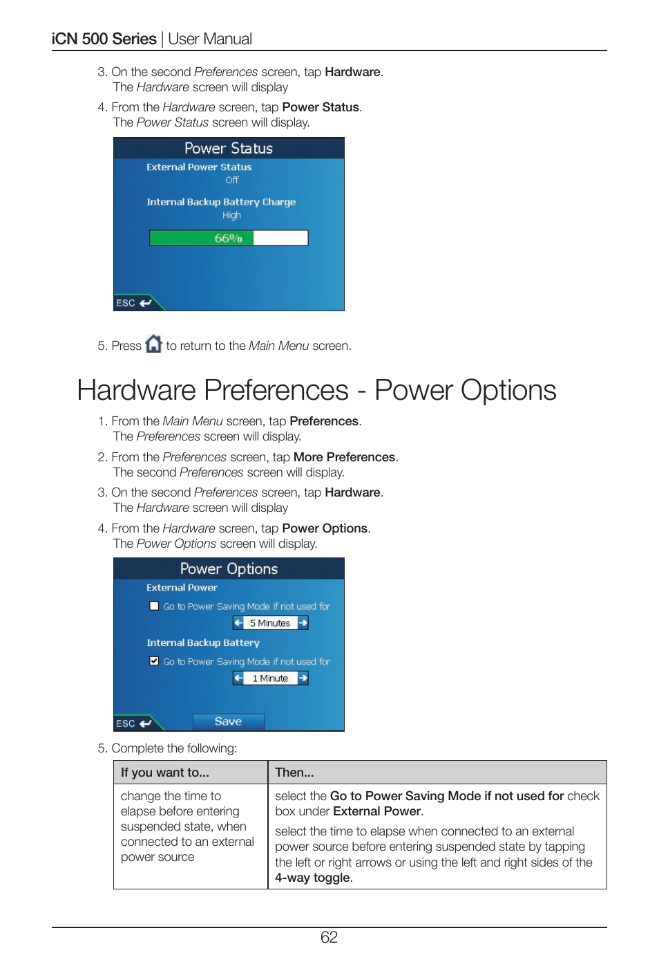 Hardware preferences - power options | Navman iCN 520 User Manual | Page 62 / 92