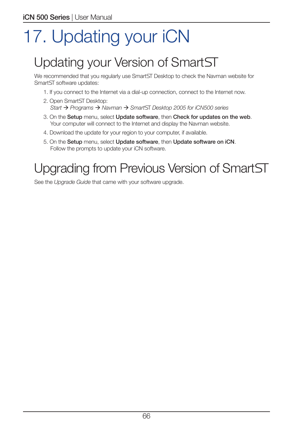 Updating your icn, Updating your version of smart, Upgrading from previous version of smart | Navman iCN 520 User Manual | Page 66 / 92