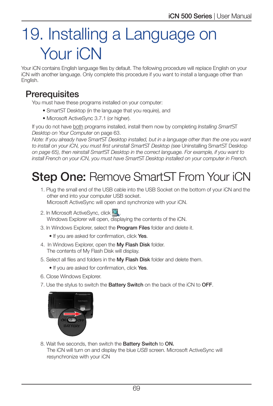 Installing a language on your icn, Step one: remove smart from your icn, Prerequisites | Navman iCN 520 User Manual | Page 69 / 92