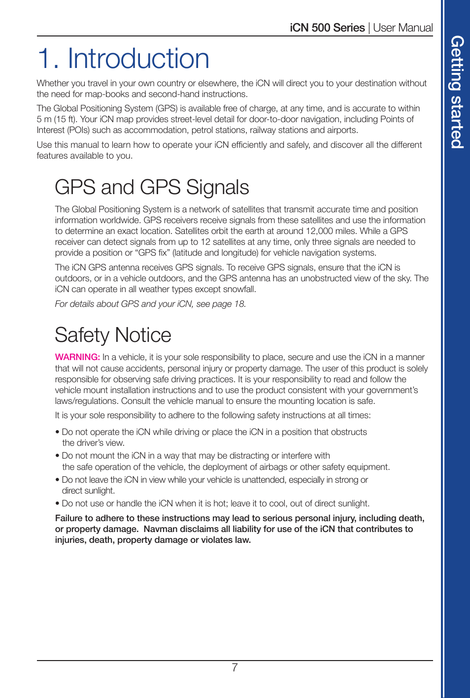 Introduction, Gps and gps signals, Safety notice | Get tin g s ta rte d | Navman iCN 520 User Manual | Page 7 / 92