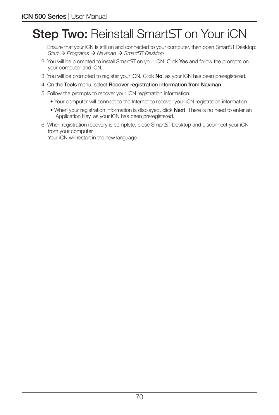 Step two: reinstall smart on your icn | Navman iCN 520 User Manual | Page 70 / 92