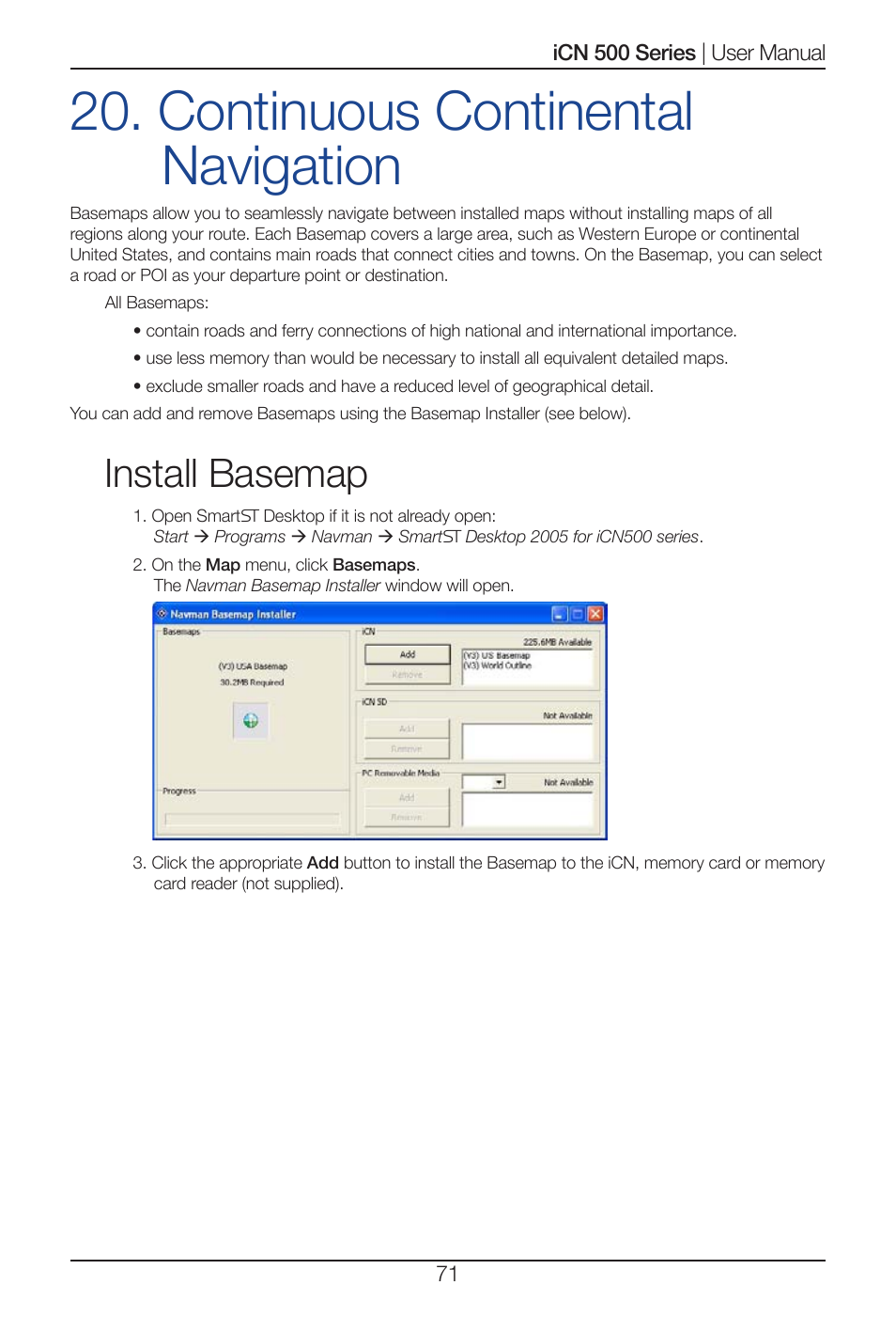 Continuous continental navigation, Install basemap | Navman iCN 520 User Manual | Page 71 / 92