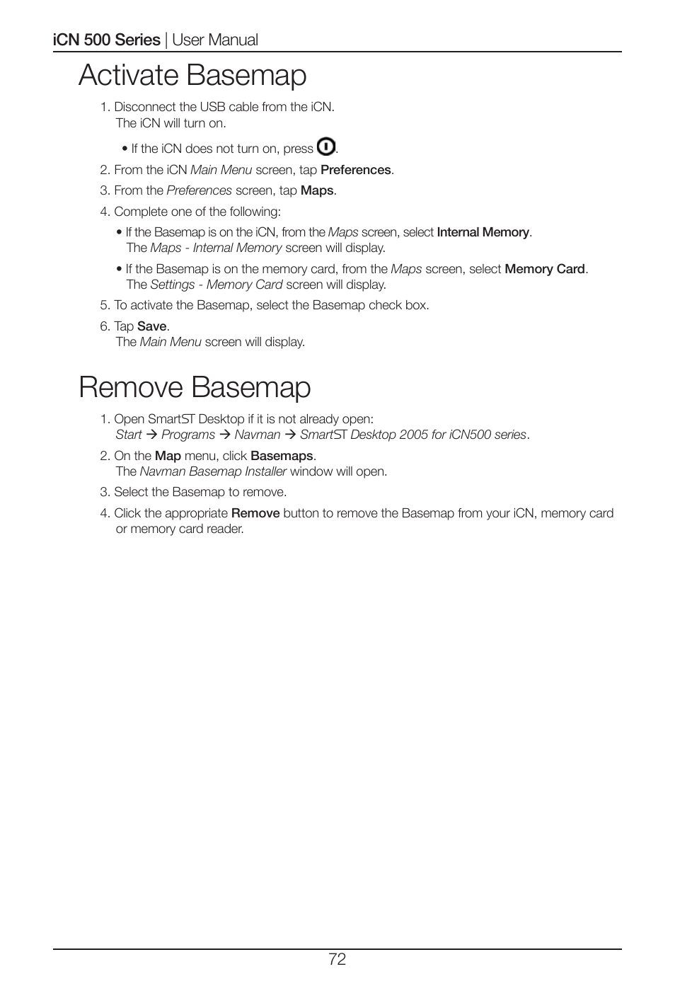 Activate basemap, Remove basemap | Navman iCN 520 User Manual | Page 72 / 92